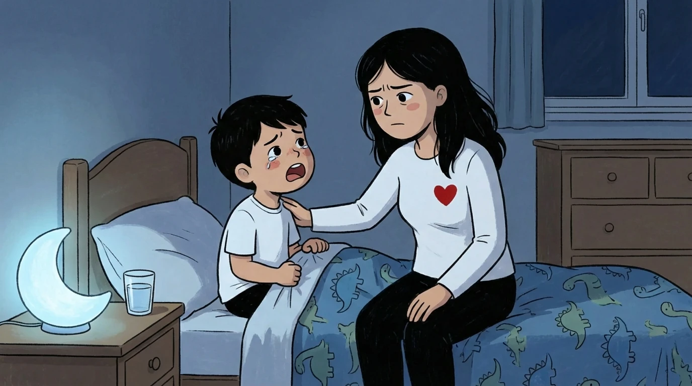 Adult kneeling beside child sitting up in bed at night, moon nightlight and water glass on bedside table