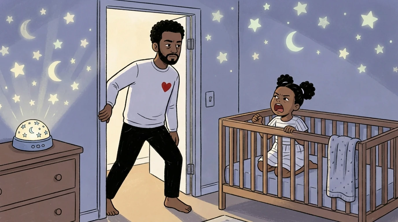 Adult rushing through doorway toward toddler standing upright in crib, star projector glowing on dresser