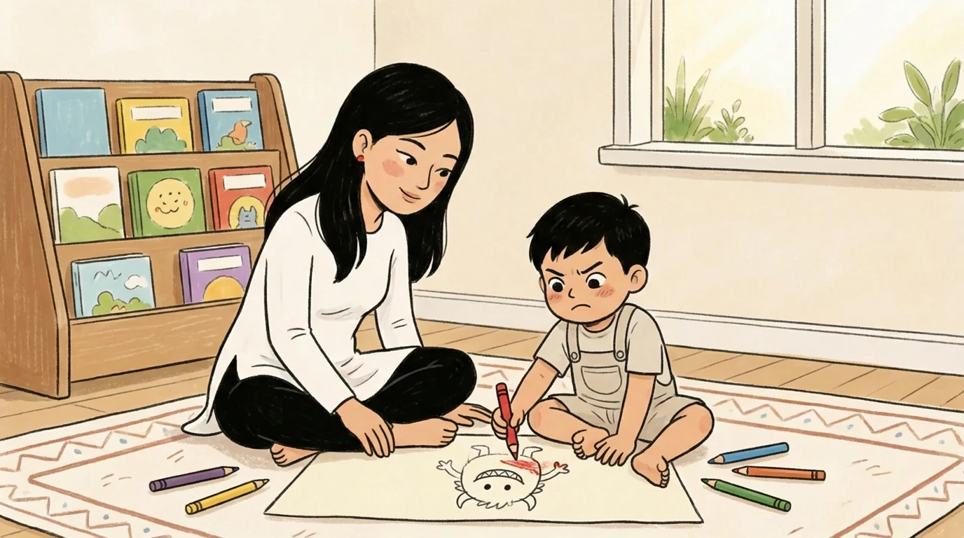 Adult sitting cross-legged on floor with toddler drawing on large paper, colorful books on shelf nearby