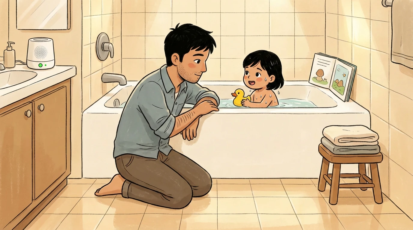 Adult kneeling beside bathtub while child plays with rubber duck, white noise machine on bathroom counter