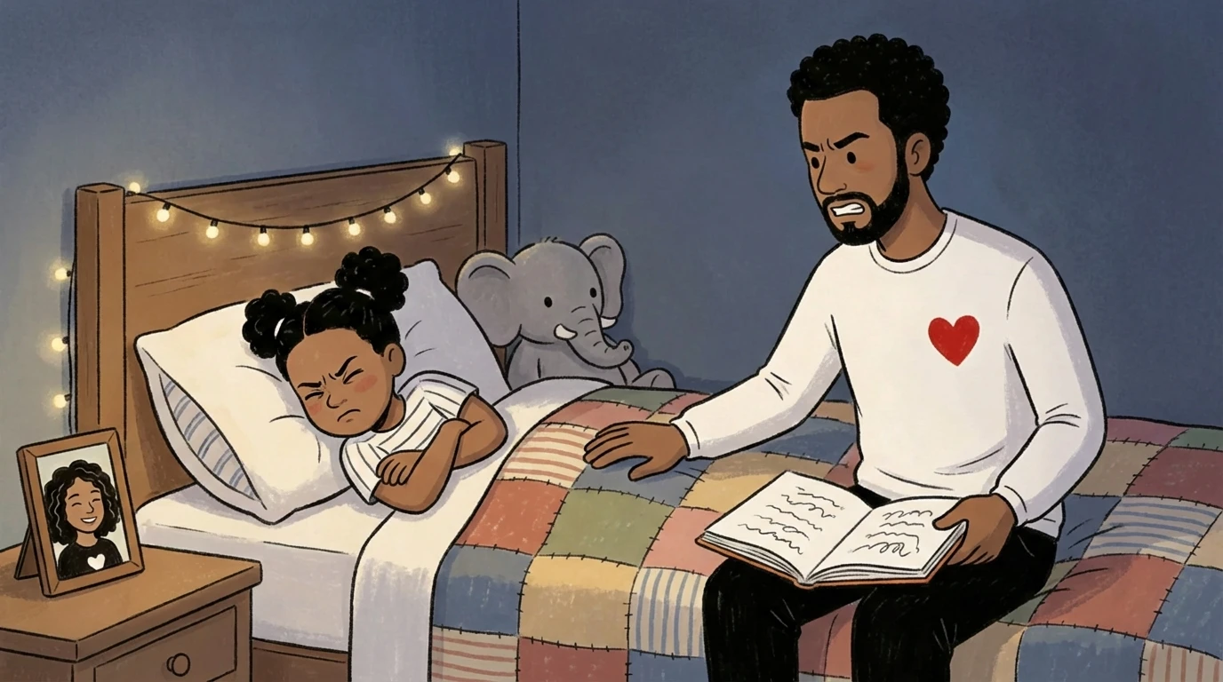 Father reads bedtime book to child who turns away