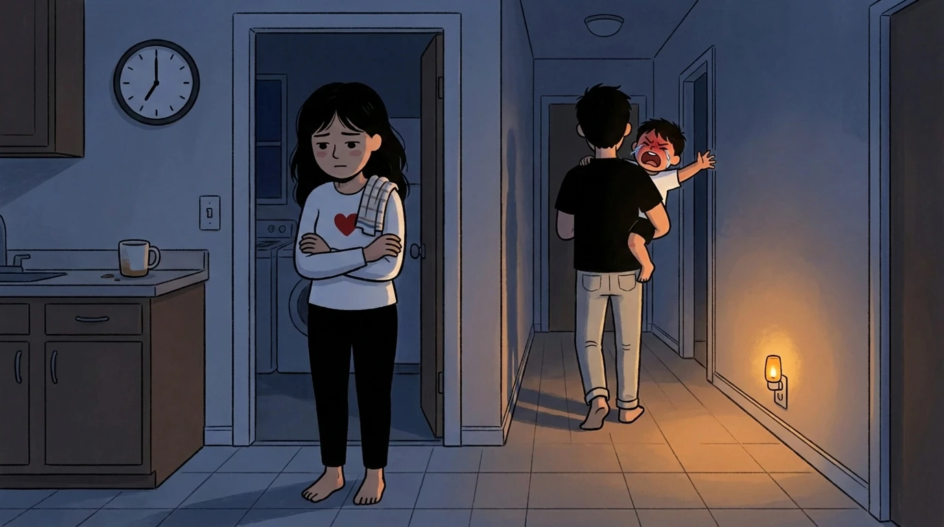 Mother stands arms crossed in dim hallway while father carries crying toddler toward bedroom at night