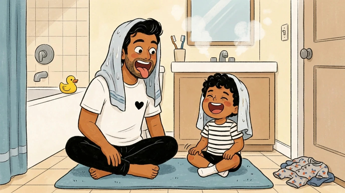 Father and toddler sit on bathroom floor with towels on heads during playful bedtime bath routine