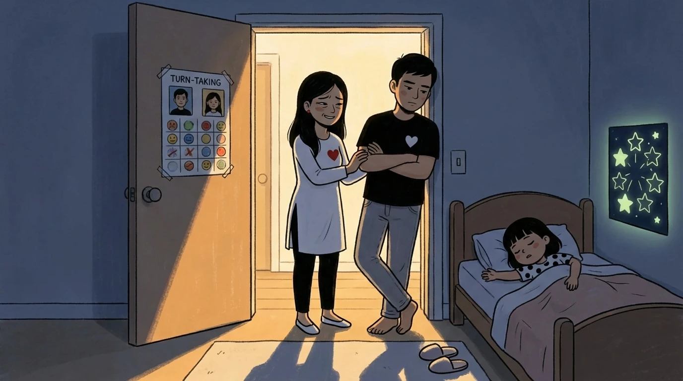 Two parents in doorway beside turn-taking chart as child sleeps in bed with glow stars on wall