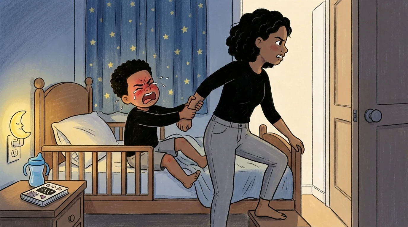 Toddler grabbing parent's hand as she stands to leave a dim bedroom at night with star-print curtains.