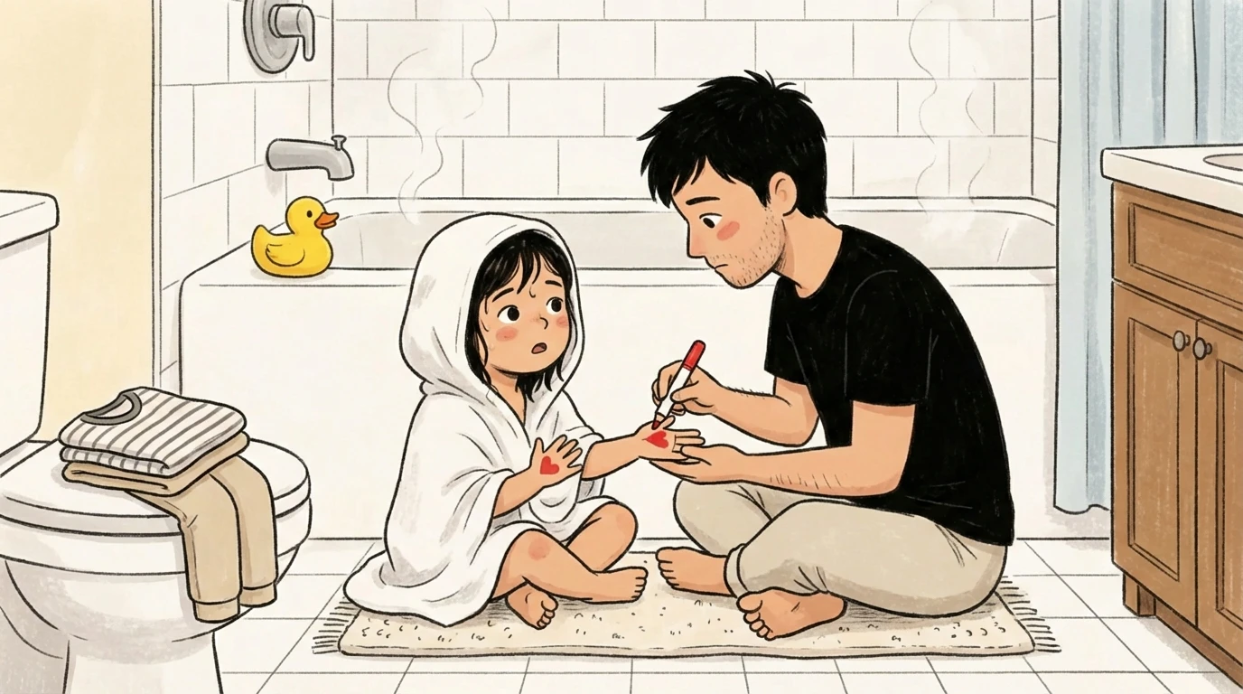 Adult sitting on bathroom floor helping young child in a towel with a toothbrush during bedtime routine.