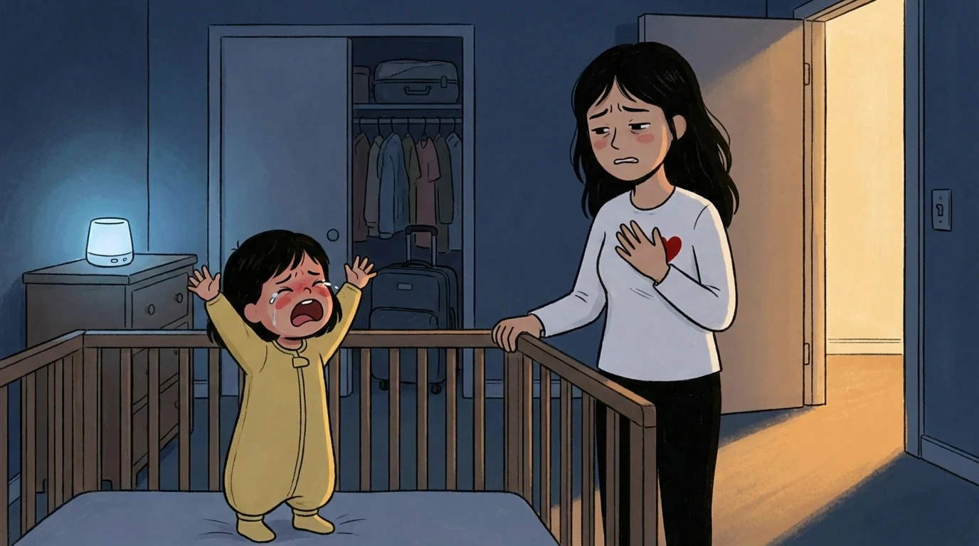 Toddler in pajamas reaching up from crib toward parent standing at a dimly lit bedroom doorway at night.
