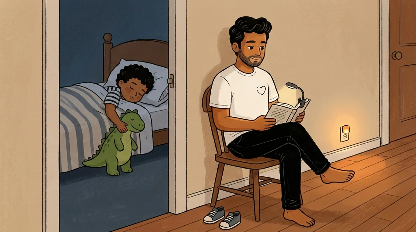 Parent sitting outside child's bedroom door reading while toddler sleeps inside hugging a stuffed dinosaur.
