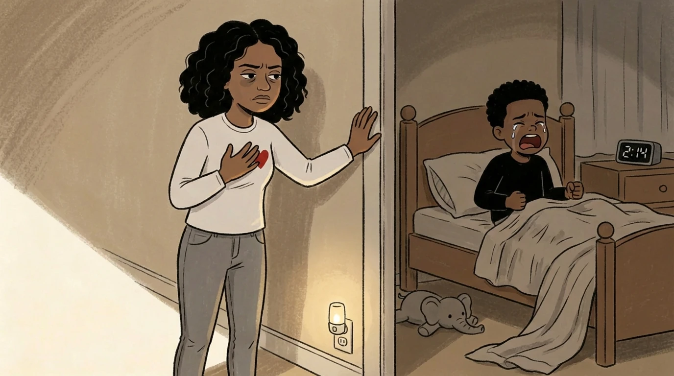Parent outside bedroom door at 2:14am as child sits up crying in bed with night light glowing on floor