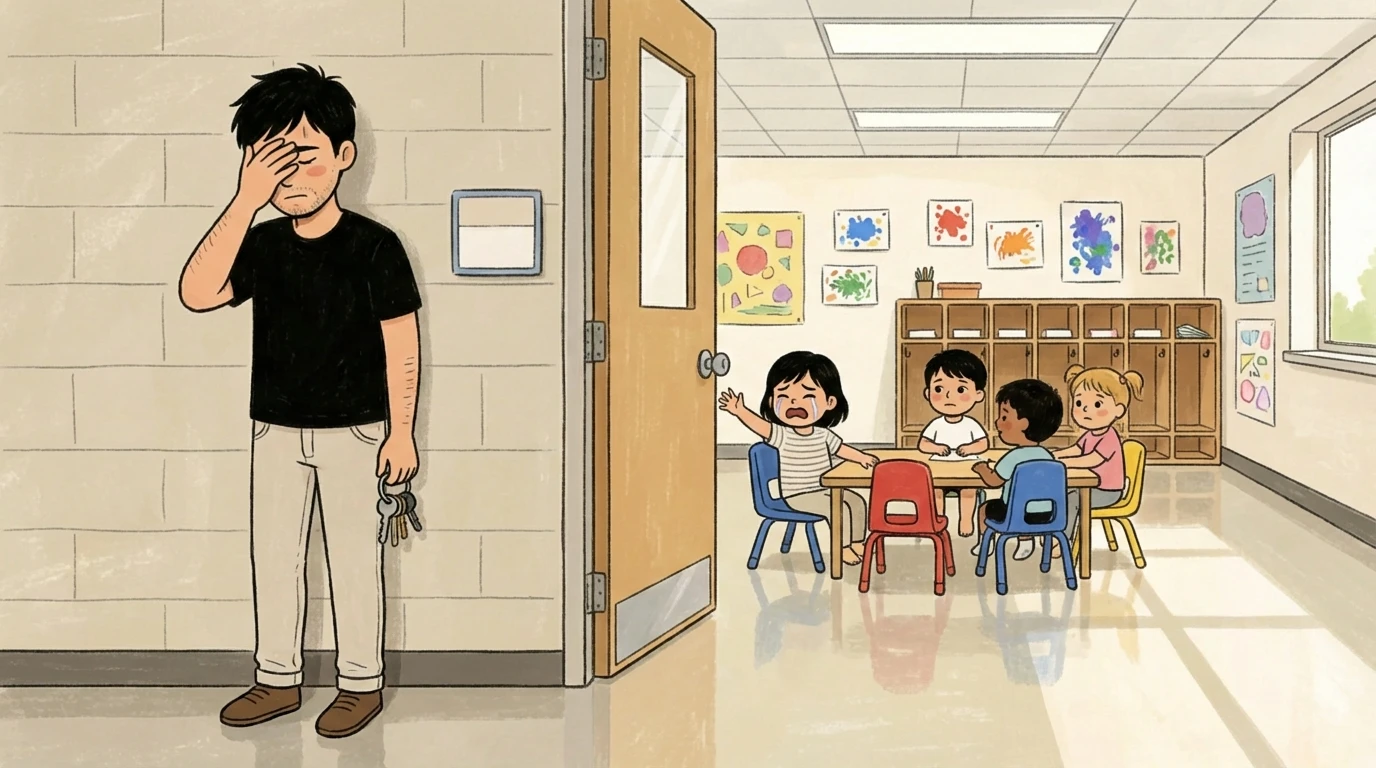 Father outside daycare door holding keys while child cries and reaches toward him inside the classroom