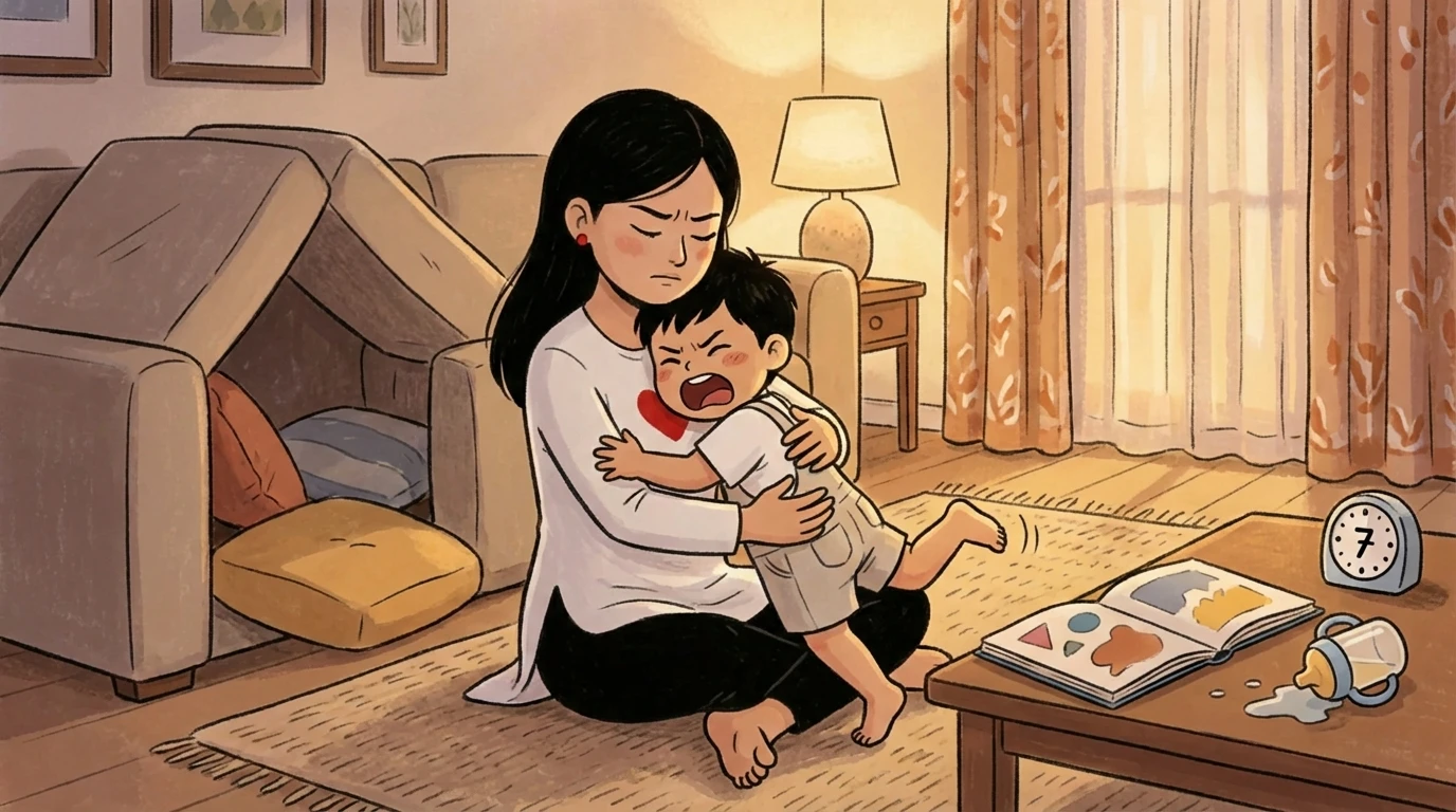 Mother seated on floor holding crying toddler close with a play tent and clock nearby