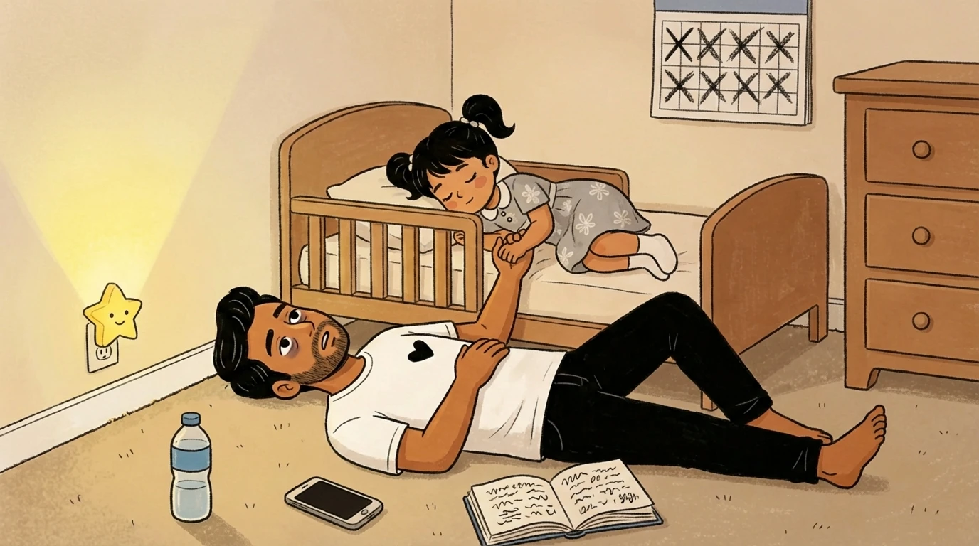 Father lying on floor holding child's hand across toddler bed while child sleeps next to open notebook