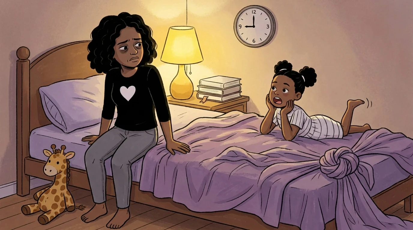 Parent sitting on edge of child's bed late at night while child lies awake; clock on wall