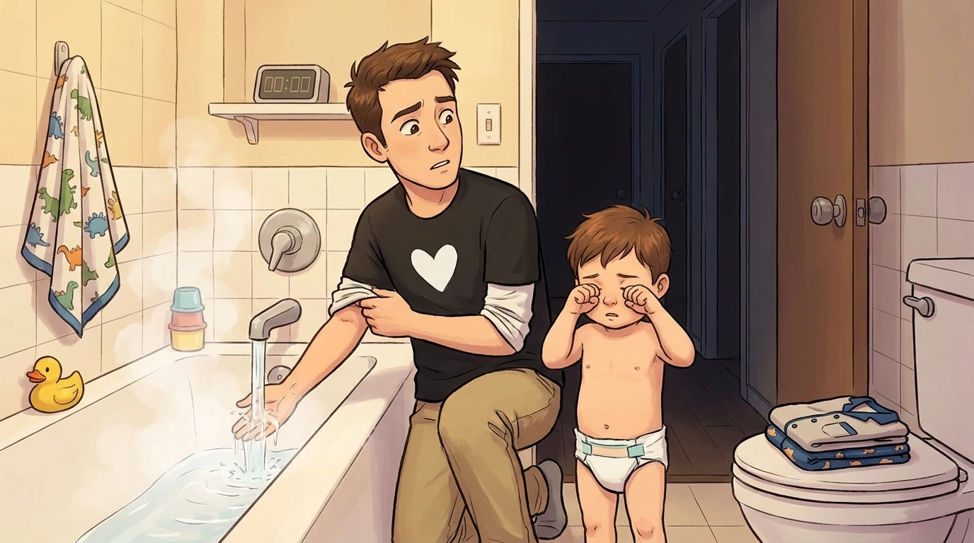 Parent running a bath for a toddler in diapers as part of a calming bedtime routine