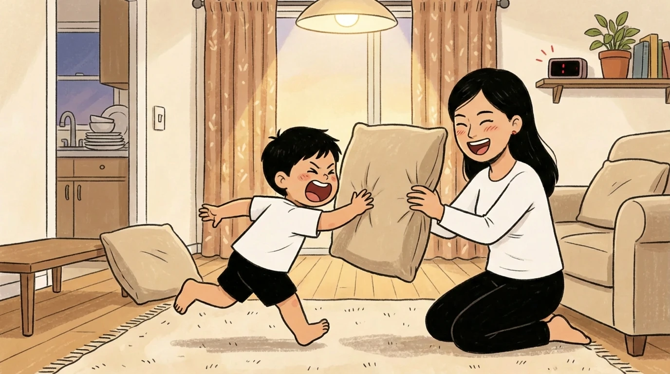 Parent and young child playing with a pillow on the living room floor before bedtime