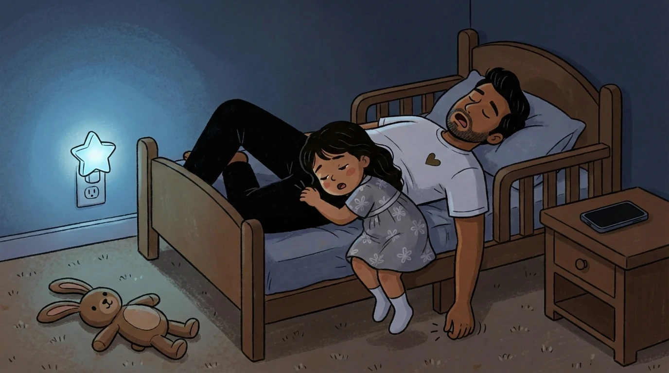 Child asleep next to parent in a dim room with a star-shaped night light on the wall