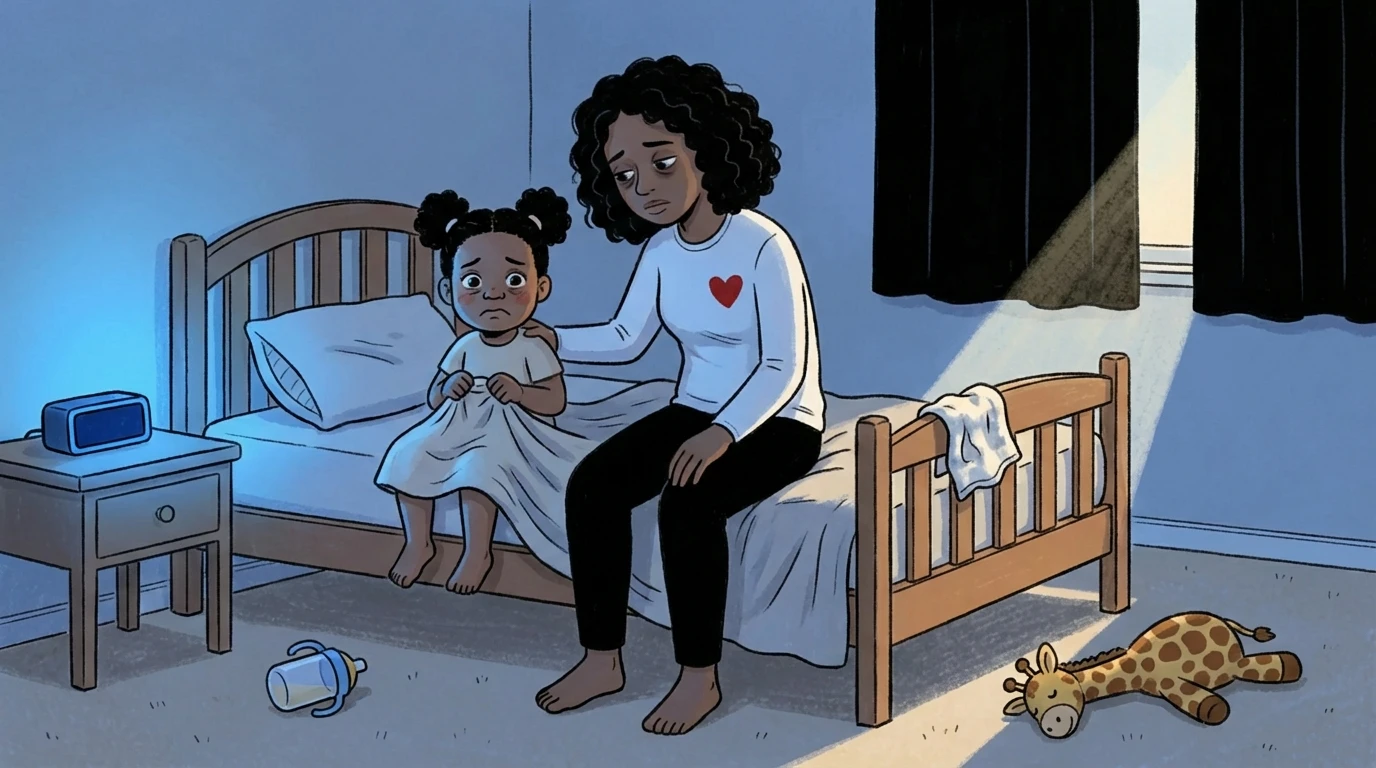 Parent sitting on toddler bed at dawn comforting wide-awake child, alarm clock glowing on nightstand