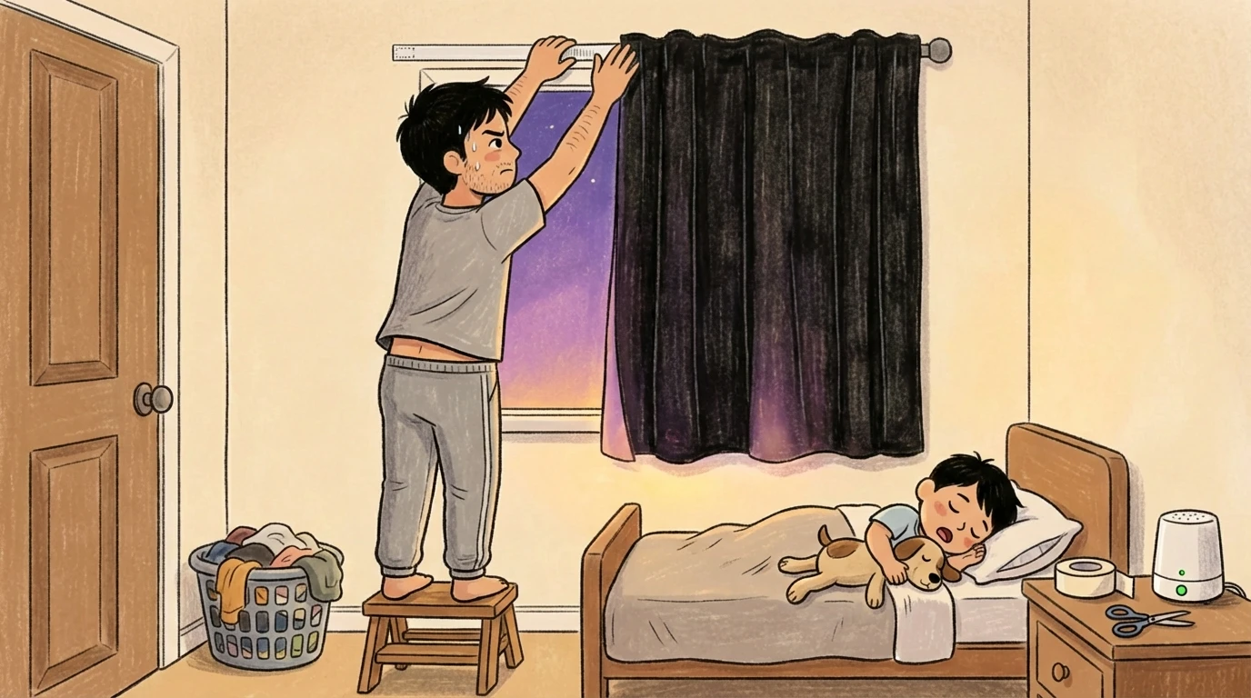 Parent hanging blackout curtains over window while toddler sleeps in bed to block early morning light