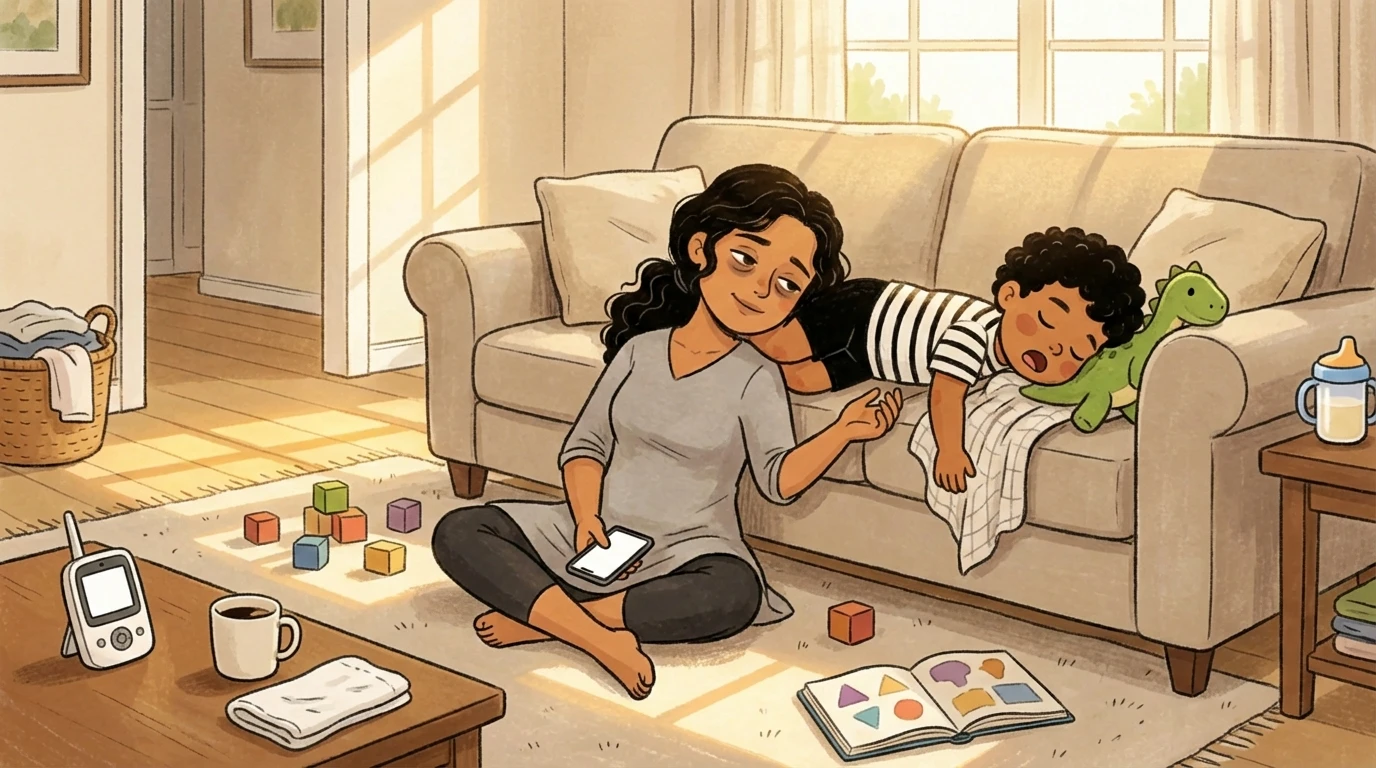 Parent sitting on floor with phone beside napping toddler on couch, blocks and cup nearby