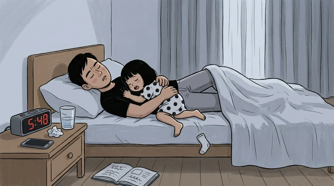 Adult holding sleeping toddler in bed with clock showing 5:48 on the nightstand