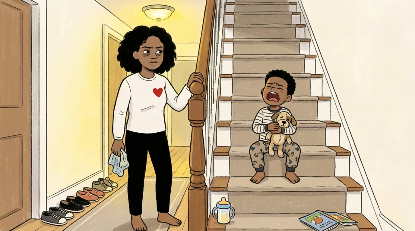 Toddler in pajamas crying on staircase at bedtime clutching stuffed dog while parent stands at the banister