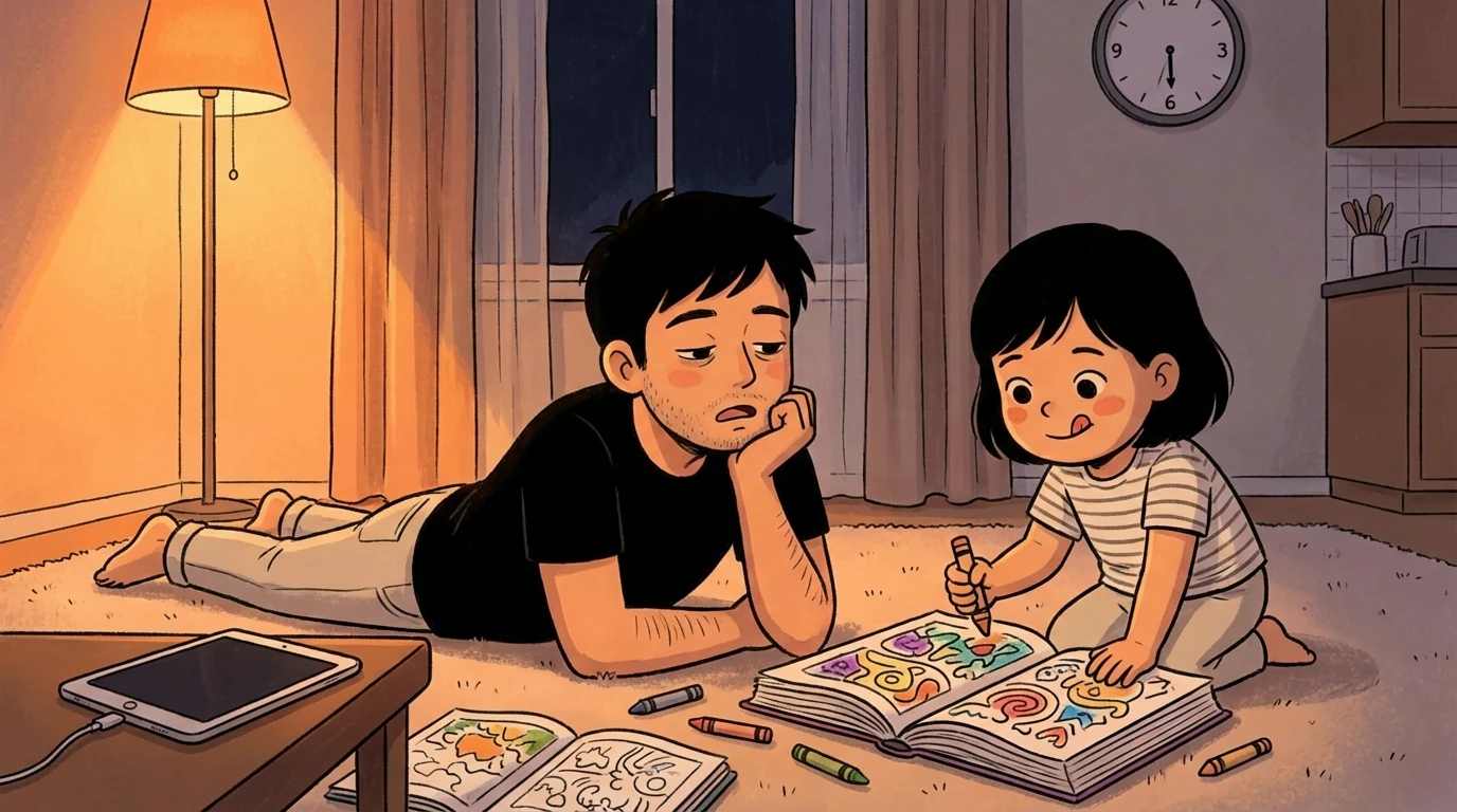 Parent lying on floor beside young child coloring in a book under warm lamp light at night with tablet nearby