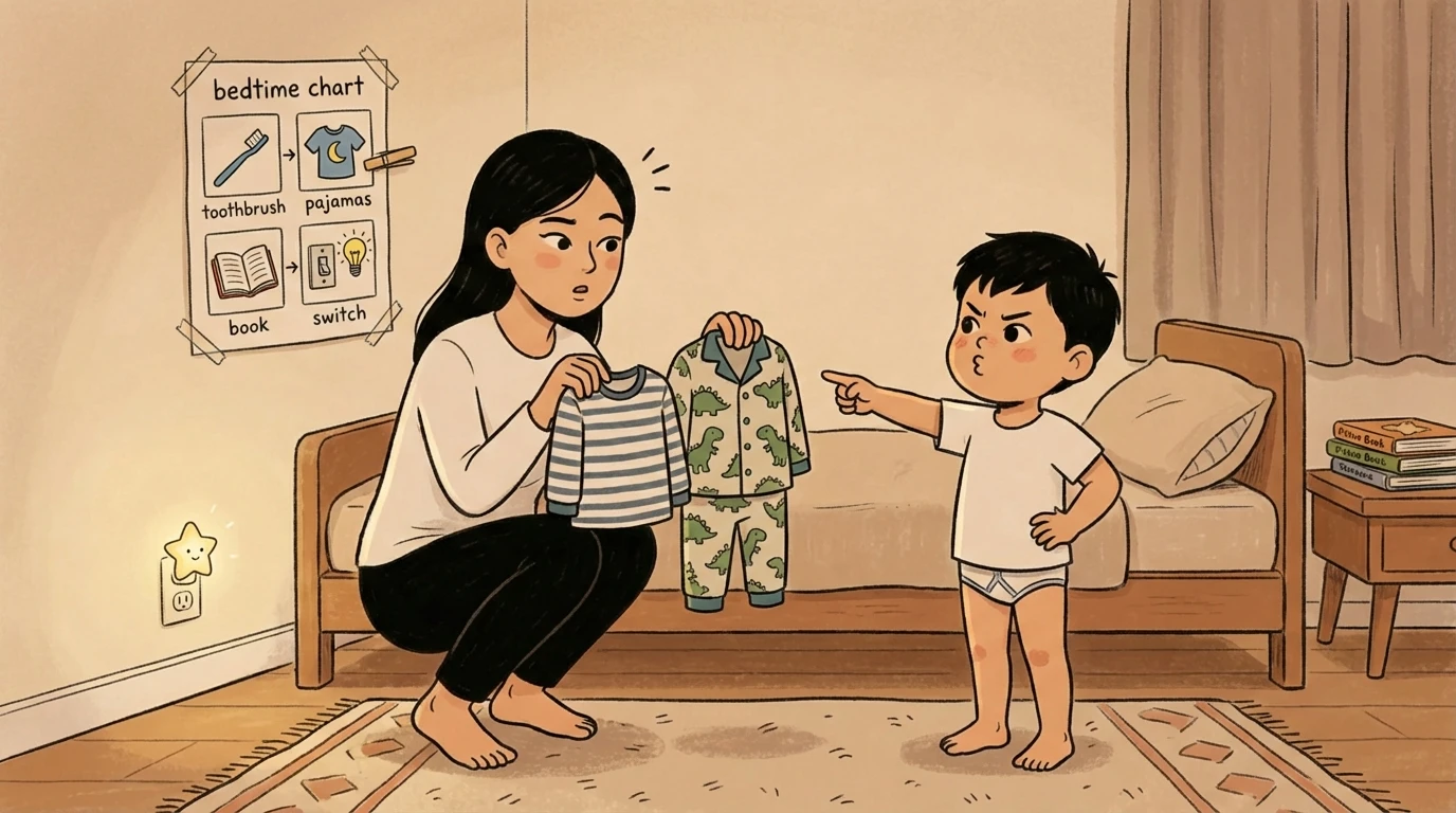 Parent kneeling and offering two pajama choices to a toddler near a bedtime routine chart on the wall
