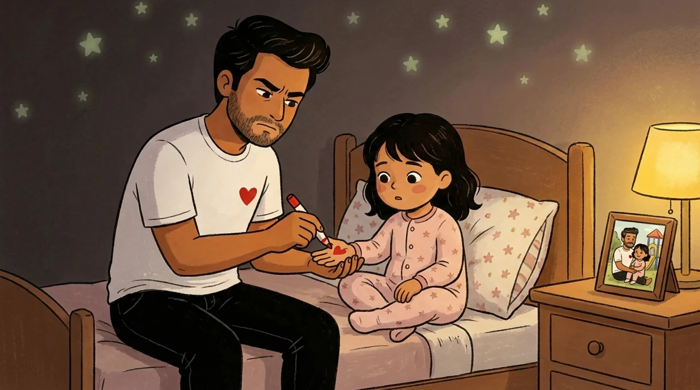 Parent drawing a heart on a child's hand at bedside in a dim room with glow-in-the-dark stars on the ceiling