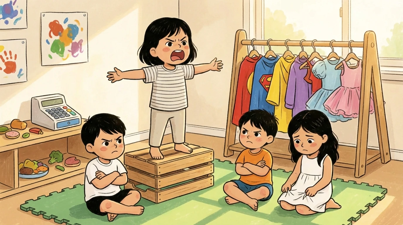 child standing on a wooden box with arms spread showing bossy behavior while three children sit on a rug