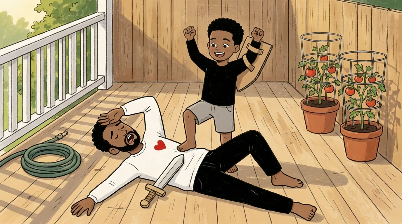 Child standing over a parent lying on a deck arms raised asserting social dominance during outdoor play