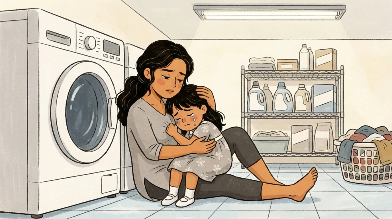 Mother sitting on a laundry room floor holding a young child close in a gentle embrace