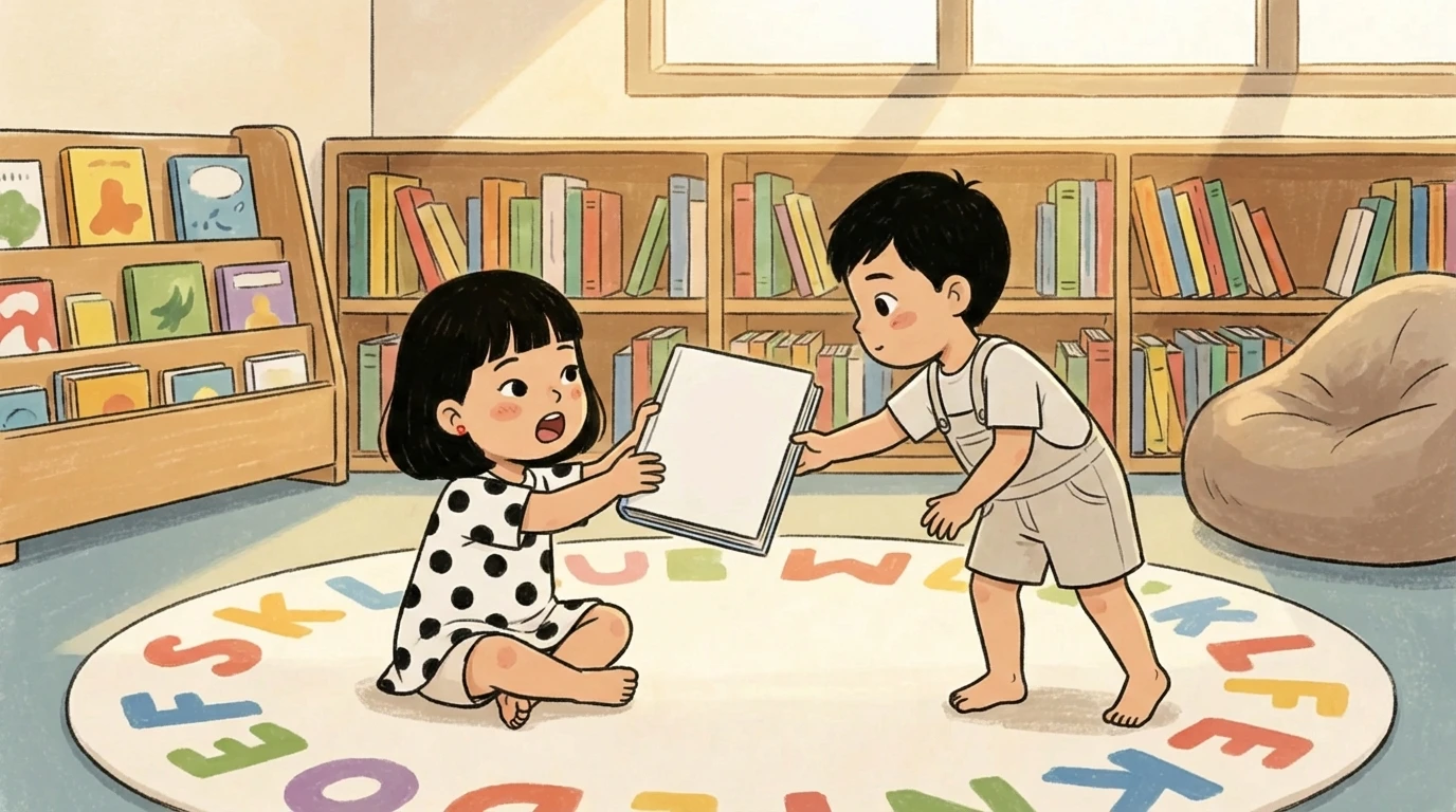 Two young children in a library - one wants a book the other holds out on an alphabet floor mat