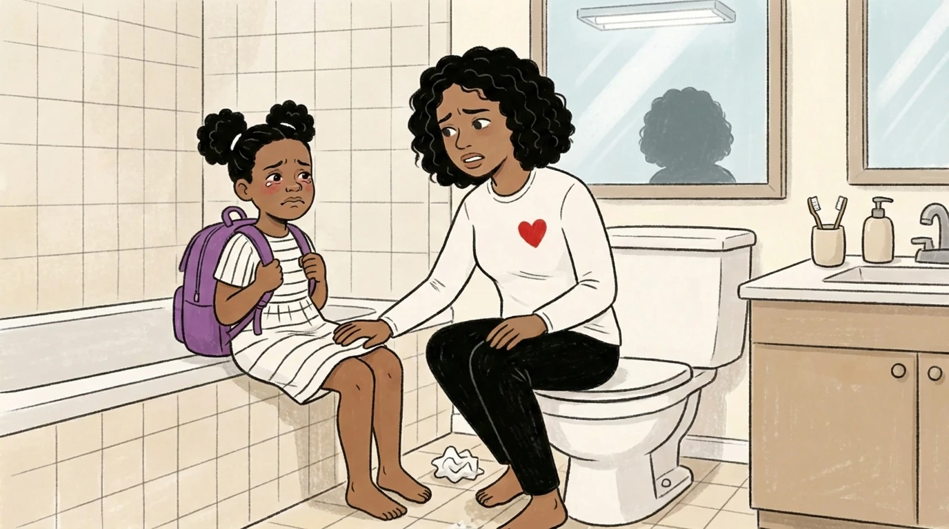 Mother in heart shirt sits beside a young child clutching her backpack in a bathroom after being bullied