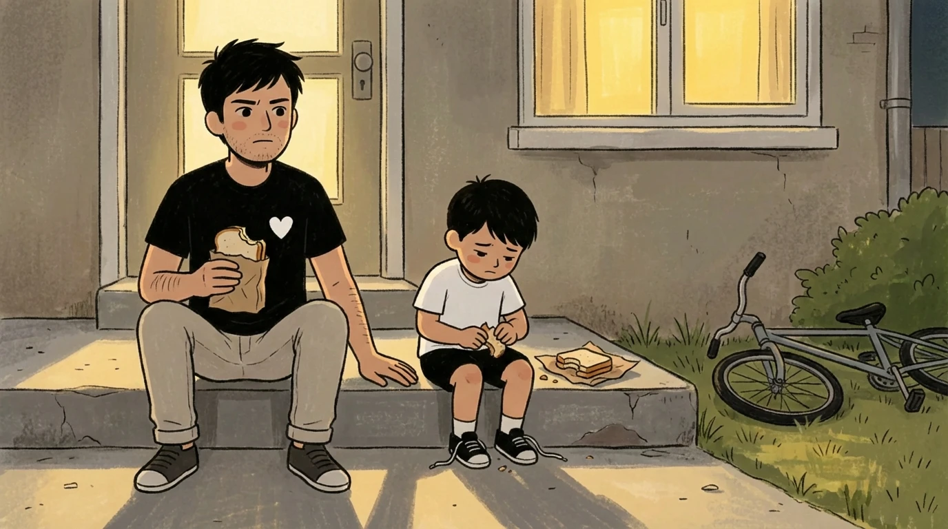 Father on front steps beside a child holding a sandwich - helping him respond to what happened and feel less alone