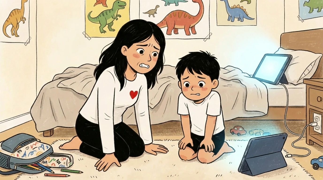 Mother kneels on a child's bedroom floor with a boy near a tablet, listening after he was bullied
