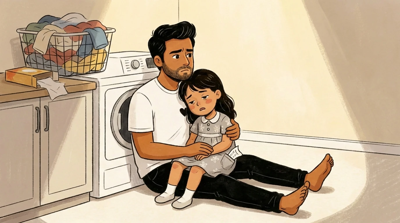 Father on the laundry room floor holds daughter close, a steady presence to support her after a hard day