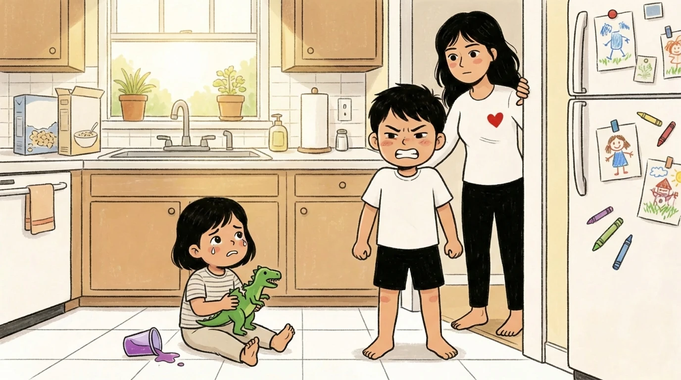 Mother watches as boy scowls at younger sister on the floor - a moment parents wonder whether to make kids apologize
