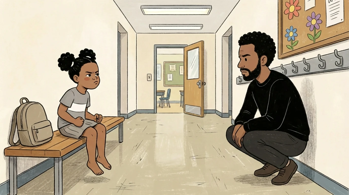Father crouches to a child's eye level on a school hallway bench - talking instead of demanding an apology