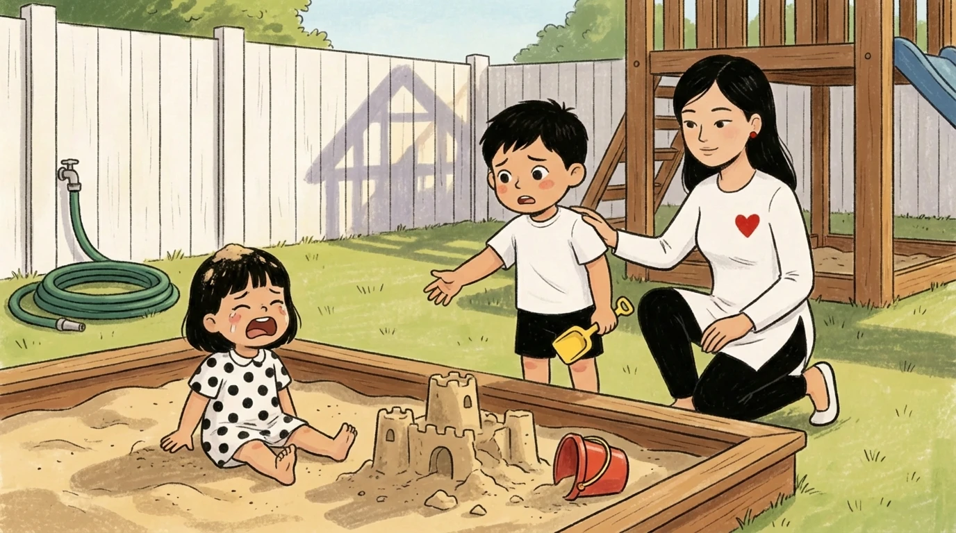 Mother kneels beside two children at a sandbox after a dispute, guiding the boy with a shovel toward repair