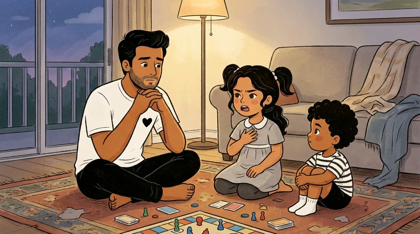Father sits on the floor with two young children and a board game, talking through a conflict together