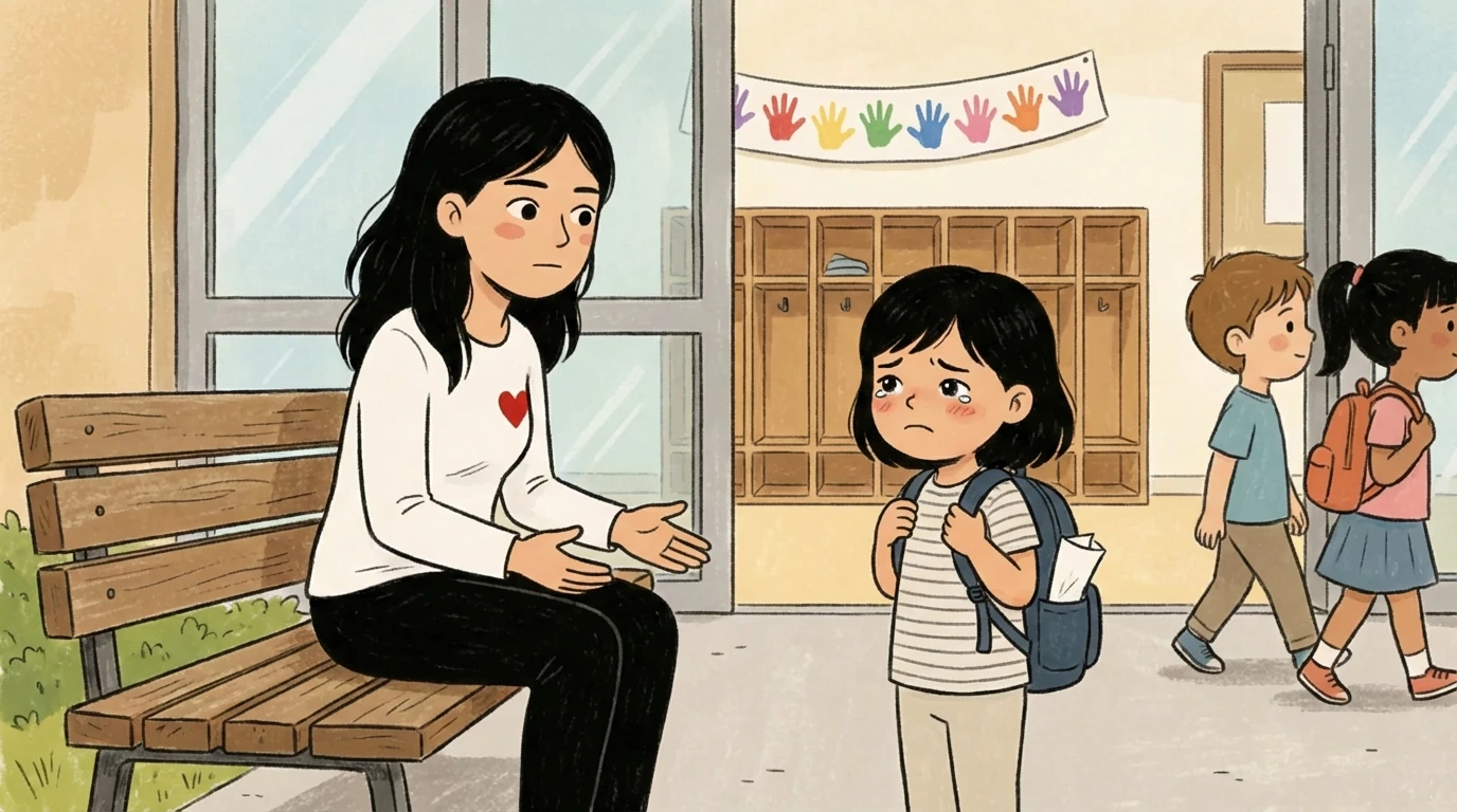 Woman on a bench talking to a child facing exclusion as classmates walk by in a school hallway