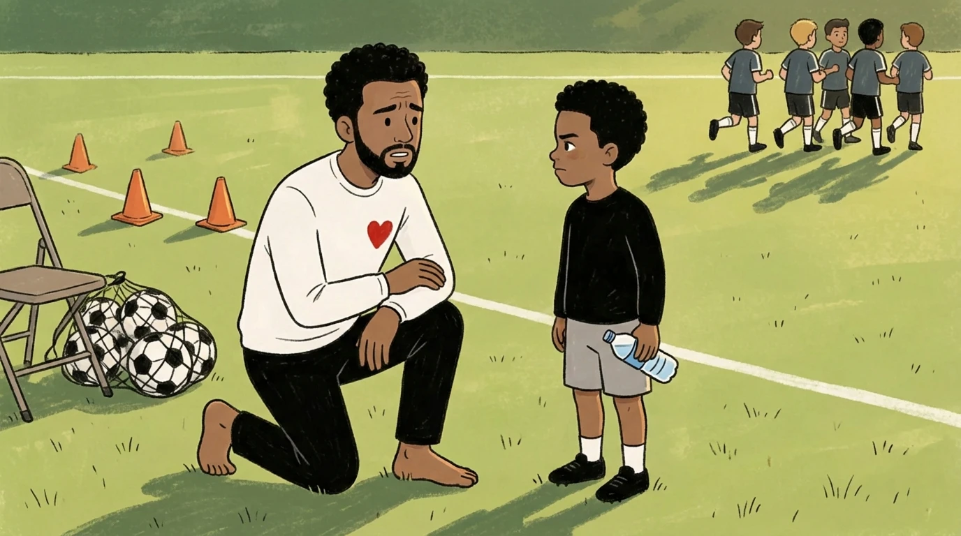 Father kneeling on a soccer field speaking with his son about friendship problems as other boys run past
