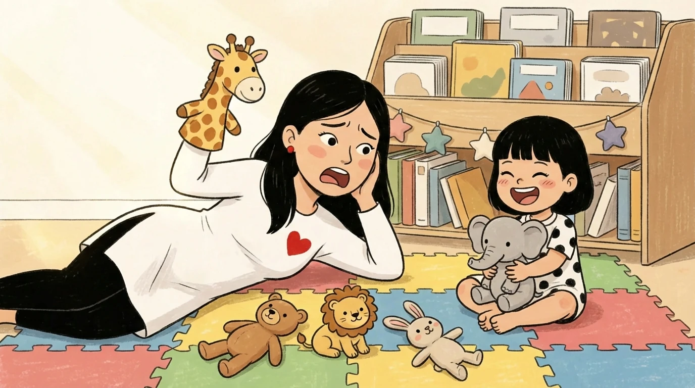 Mother lying on a foam mat playing with stuffed animals alongside her young daughter at home