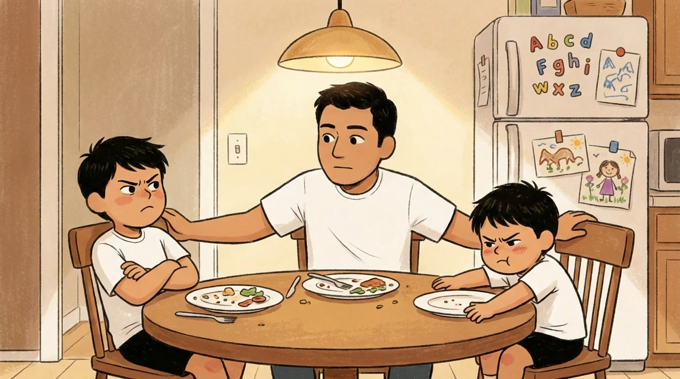Father at a kitchen table placing a hand on each of two boys turned away from each other
