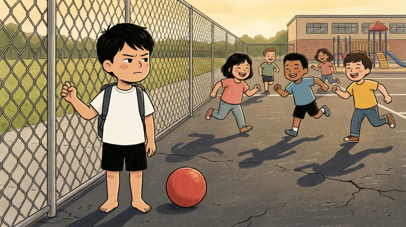 Boy standing alone by a fence while other kids run and play, illustrating the struggle of making friends at school.