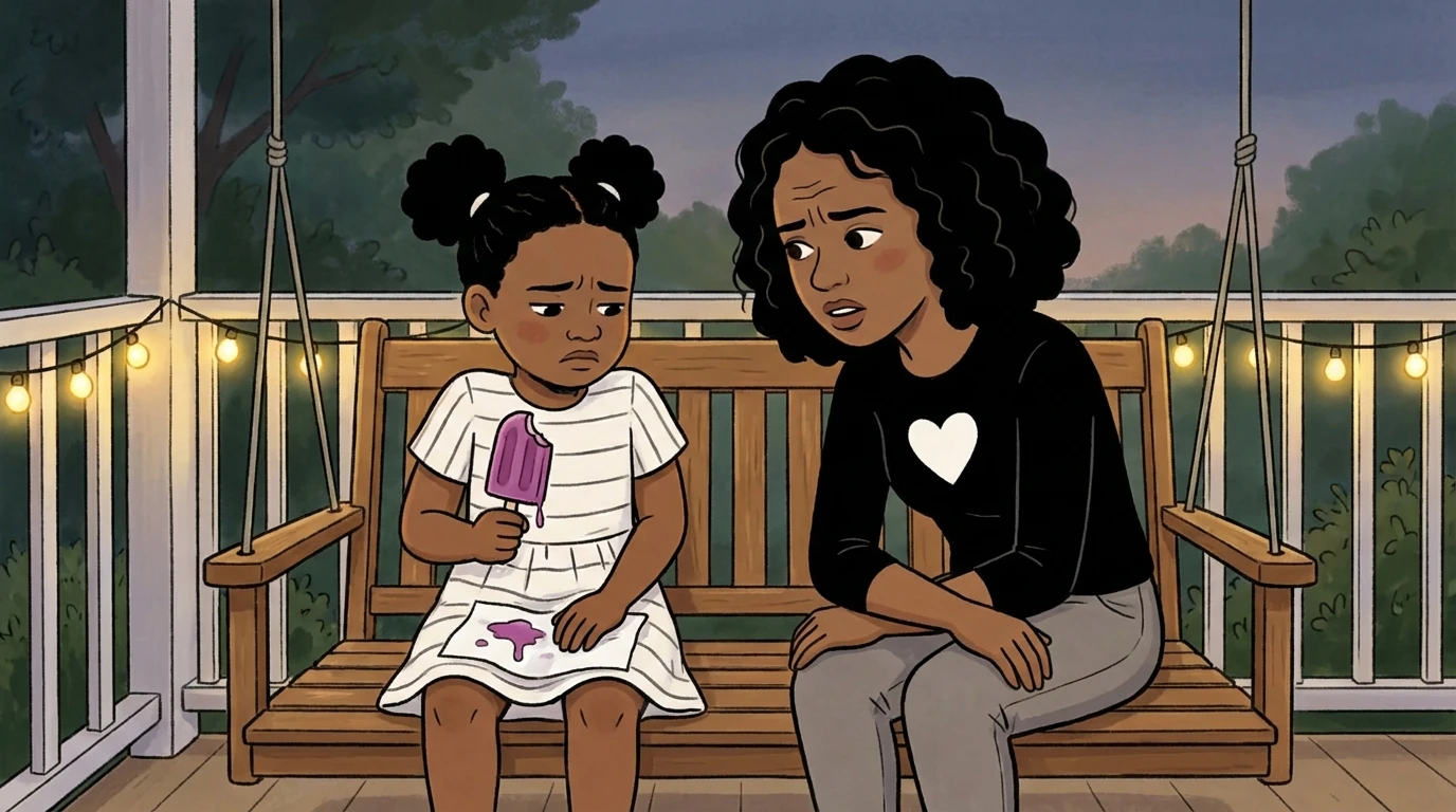 Mother and young daughter on a porch swing at dusk, daughter holding a melting popsicle as mom leans in attentively.