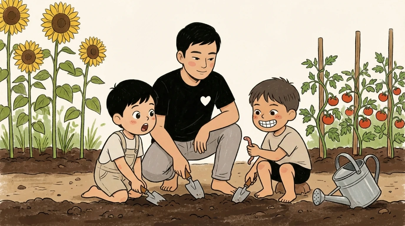Father and two young boys digging in a garden, a shared activity that helps children connect and make friends.