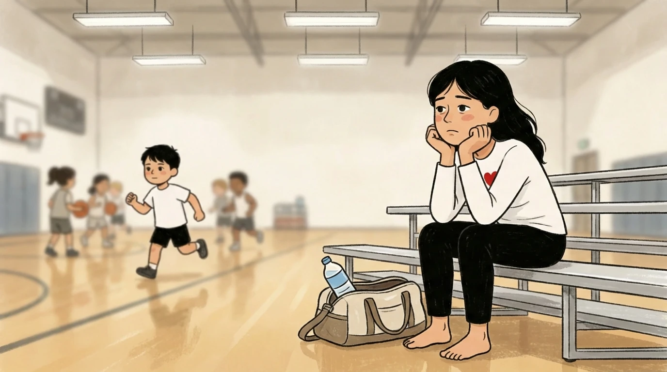 child sitting alone on gym bleachers with chin in hands, watching children play basketball in the background.