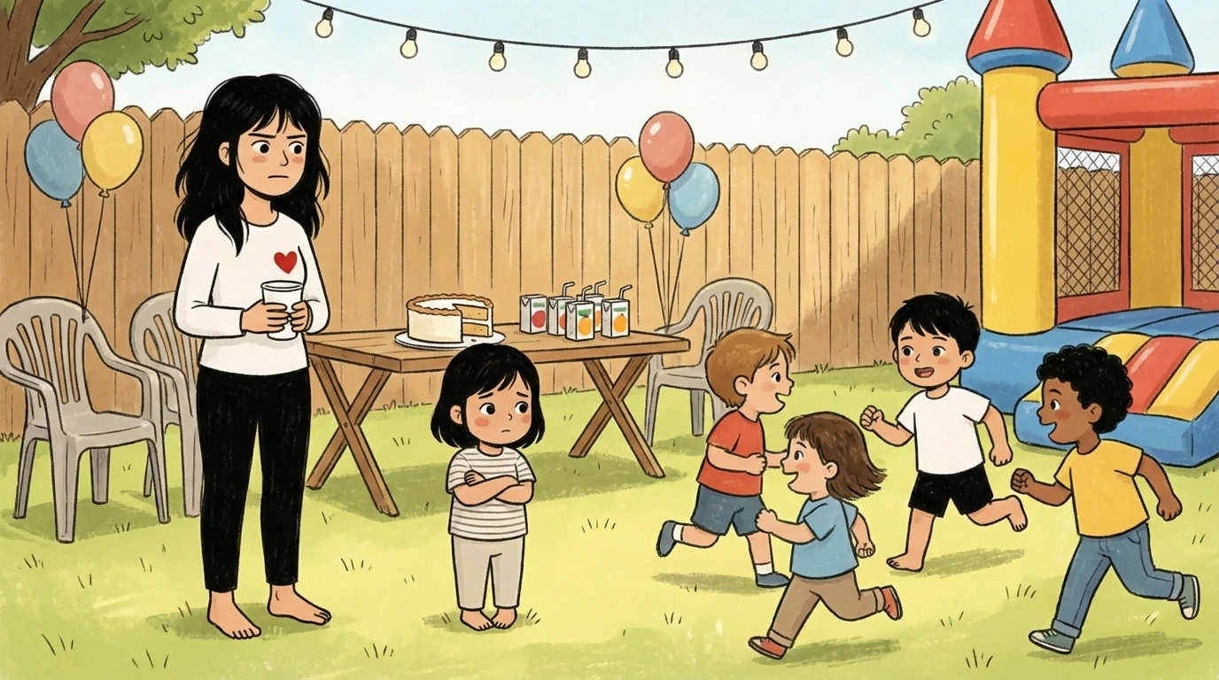 child standing alone at a backyard birthday party while other children run to join friends