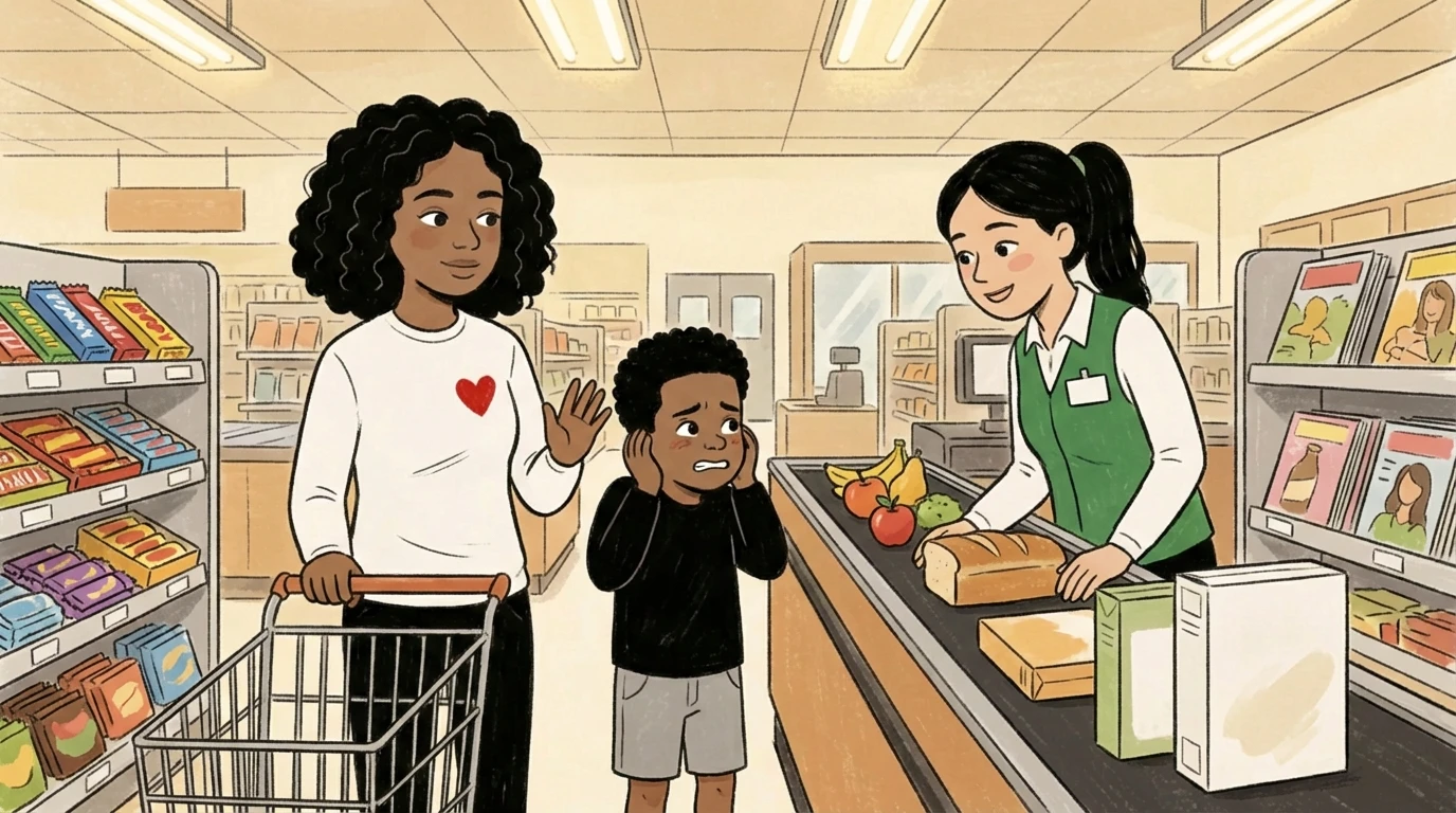 Mother and young boy at a store checkout; the boy waves at a smiling cashier